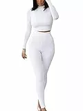 Loalirando Completo Sportivo Donna Tuta da Ginnastica 2 Pezzi Tinta Unita Maglietta a Manica Lunga Collo Alto + Pantaloni a Vita Alta Sportwear per Yoga Corso Palestra Jogging Fitness (Bianco, S)