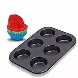 Euroxanty - Stampo per muffin e cupcake, teglia da forno, in acciaio al carbonio, antiaderente, con pirottini in silicone, stampo da 6 + 6