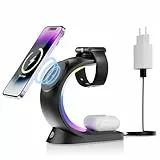 3 in 1 Caricatore Senza Fili Wireless Magnetico con Luce RGB, Caricabatterie Mag-Safe Ricarica Rapida da 15 W per iPhone Serie 15/14/13/12, per AirPods 3/Pro/2,iWatch Ultra/S9/S8/S7/SE
