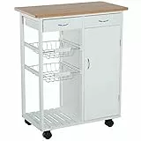 BAKAJI Carrello da Cucina Salvaspazio in Legno Bianco con 2 Cestelli Portafrutta in Acciaio Cassetti Portaposate Piano d'Appoggio con 1 Anta e 4 Ruote Girevoli a 360 Gradi