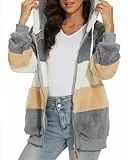 Joligiao Cappotto Felpa Donna Felpa con Cappuccio Cerniera Cappotti Manica Lungo Giacca Capispalla in Pile Sherpa Calda Invernale Felpa Cardigan Cucire Blocchi di Colore con Tasca(Grigio,XL)
