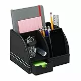 Relaxdays Portaoggetti da Scrivania, Similpelle, Organizer Ufficio & Studio, 4 Scomparti, Portapenne, 13x19x15 cm, Nero, PU, Cartone, Tessuto, 1 Pz