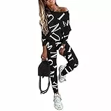 Loalirando Completo da Donna Elegante Stampa a Lettere Tuta Pantaloni Donna Autunanle e Invernale 2 Pezzi Top + Pantaloni a Vita Alta Tuta Elegante Ragazza S-XXL (Nero, Small)