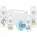 NUK First Choice+ Starter set biberon | 0-6 mesi | 4 biberon con controllo della temperatura e porta biberon | Sistema anti-colica | Senza BPA | Winnie the Pooh Disney