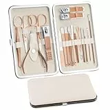 Set per manicure, 18 pezzi, set per la cura delle unghie, per pedicure, da donna e da uomo, in acciaio inox, set di manicure per unghie, set di bellezza portatile, per viaggi (oro rosa)