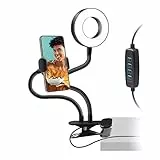 SBS anello LED con due braccetti snodabili e clip da tavolo, luce calda, neutra, fredda, 10 livelli di intensità della luce, telecomando integrato, morse regolabili fino a 8,5cm per smartphone