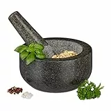 Relaxdays Mortaio, pestello Mortaio & Pestello in Granito, Resistente, Foglie di Basilico, Pesto, in Pietra Lucida, Ø 16, 400 ml, Grigio