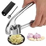 Spremiaglio in Acciaio Inox, LKEVREG Pressa Aglio con Pelapatate e Spazzola per la Pulizia, Schiaccia Aglio Professionnel per Casa, Cucina, Gadget (Argento)
