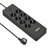 Ciabatta Multipresa, NTONPOWER 8 Schuko con 1700 Joule Protezione da Sovratensioni e 5 Porte USB, 4000W/16A, 1,5 Metri Lunga Cavo - Nero