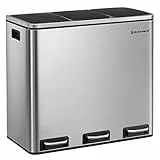 SONGMICS Cestino da Cucina, Pattumiera per Raccolta Differenziata 3 x 18L, 3 Scomparti per Riciclaggio, Scarti Alimentari, Coperchi a Chiusura Morbida, Pedali, Acciaio, Argento e Nero LTB54NL