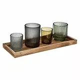 Set di 4 lanterne in vetro con vassoio in legno 32x12cm