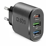 SBS Caricatore USB Multiplo 30W, Caricabatterie con USB C Power Delivery e 2 USB A, Caricatore per iPhone, Samsung, Oppo, Xiaomi, Cuffie Wireless, Auricolari TWS, Speaker, Powerbank