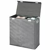 mDesign Cesto per biancheria in polipropilene con 2 scomparti – Portabiancheria per bagno o lavanderia – Capiente contenitore biancheria con coperchio e manici – grigio con finiture nere