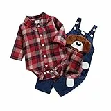Dazzerake 2 Pezzi Completo da Neonati Pantaloni Bretelle + Pagliaccetto Camicie Plaid Casual Maniche Lunghe Bowtie Button Down con Stampa Cane (0-3 mesi, Rosso)