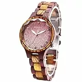 BEWELL Orologio in legno donna, orologio da polso da donna artigianale con quadrante rosa con cielo stellato e bracciale in legno