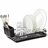 Leadfun scolapiatti da appoggio, scolapiatti da lavello, scolapiatti da appoggio per lavello, con porta utensili e vassoio antigoccia, 39 x 23 x 8cm (Nero)