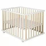 roba Box Pieghevole 74 x 100 cm, Evolutivo e Salvaspazio, Altezza Regolabile su 2 Livelli, 4 Ruote con Freni, Legno Laccato Bianco e Naturale
