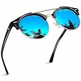 Joopin Occhiali da Sole Rotondi Uomo Donna Protezione UV400 Vintage Mezza Montatura Occhiali da Sole Polarizzati (Oro Nero/Blu Specchio)