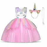 URAQT Ragazza Vestito Unicorno, Ruffles Fiori Festa Cosplay Abito da Sposa Carnevale Ballo Abito Festa di Compleanno Vestito della Principessa per Bambine,150CM
