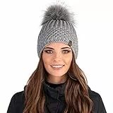 Vivisence Cappello Femminile Invernale con Pompon 7016, Fabbricato in UE, Grigio Chiaro,Taglia Unica