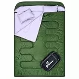 Sacco a Pelo Matrimoniale: Sportneer Sacco a Pelo Matrimoniale Enorme 220x150cm con 2 Cuscini, Quattro Doppia Chiusura Lampo Temperatura Confortevole: 7°C~20°C, 3.5kg, Verde