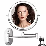 Auxmir Specchio Trucco con Ingrandimento 10X/1X, Specchio da Parete a 54 LED 3 Colori di Luce, Specchio Estensibile, Rotazione a 360°, Alimentato da Batterie Ricaricabile, per Bagno Hotel Spa