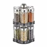 Relaxdays Porta spezie da Cucina Girevole con 12 Barattoli, Organizer Rotante a 360° Salvaspazio, Acciaio, Argento Nero, 50% Inox 30% Vetro 20% plastica, 1 pz
