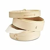 REISHUNGER Cuocivapore Vaporiera, bambù per Riso (Ø 20 cm, 2 Piani), Dim Sum, Verdure, Pesce e Carne, Inclusi 2 Asciugamani in Cotone, per 2 Persone