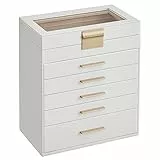 SONGMICS Scatola Portagioie, 6 Livelli, Coperchio in Vetro, 5 Cassetti, Porta Gioielli, Occhiali da Sole e Accessori Grandi, Moderno, Bianco Nuvola e Dorato JBC171W01