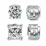 Diamday 2 Paia Orecchini Magnetici in Acciaio Inossidabile per Uomo Donna Non-Piercing Magnetici Orecchini CZ Rotondi/Quadrati Intarsiati Ipoallergenici Orecchini Clip Finti Orecchino Set 6MM