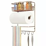 mDesign Portarotolo Cucina con Cestino e Ganci – Comodo portautensili Cucina per Carta da Cucina, spezie, Utensili – Accessori da Parete per Cucina Moderni e Funzionali – Rame