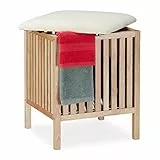 Relaxdays Pouf per Bagno Portabiancheria, Sgabello Contenitore, 40 L, Raccogli Biancheria, 51x41x41 cm, Naturale/Bianco, Noce, Tessuto, Pannelli MDF, 1 pz