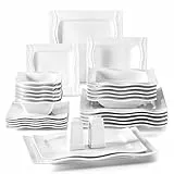 MALACASA, Series Mario, Set di piatti in porcellana bianco con 12 ciotole 12 piatti da dessert, 12 piatti fondi 12 piatti piani e da due coppia spargisale, piatti rettangolari, set per 12 persone