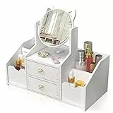 LEcylankEr Organizer Trucchi con Cassetti Bagno, Porta Trucchi Organizer da Tavolo Bianco, Portatrucchi Organizzatore con Specchiera per Toletta/Camera da Letto/Bagno (Specchio rotondo)