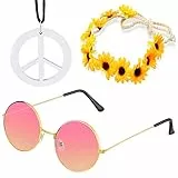 Beelittle Hippie Costume Set - Stile Vintage Anni '60 Occhiali firmati per la Pace Collana Girasole per Capelli Crown Fascia Anni '60 Hippie Set Accessori per Abiti (A)