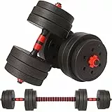 BAKAJI Set 2 in 1 Manubri Regolabili con Barra Bilanciere e 12 Dischi Totale Peso 25kg (4x2.5kg + 4x2kg + 4x1.5kg), Rivestimento Nero e Rosso in Gomma Piuma Antiruggine Antiscivolo, Palestra, Fitness