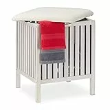 Relaxdays Pouf per Bagno Portabiancheria, Sgabello Contenitore, 40 L, Raccogli Biancheria, Design, 53x41x41 cm, Bianco, Noce, Tessuto, Pannelli MDF, 1 pz