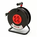 VELAMP REEL-IT-50 Prolunga Elettrica con Avvolgicavo 4 Prese Polivalenti (Schuko + 10/16A) + Spina Grande 16A, con Protezione, Sezione Cavo 3G1,5 mm², Nero / Rosso, 50 Metri