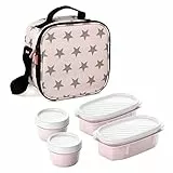 Tatay Urban Food Casual, Borsa Termica Porta Pranzo, 3L Capacità, con 4 Contenitori Alimentari, 2 x 0.5 L, 2 x 0.2 L, senza BPA, Rosa (con Stelle), 22.5 x 10 x 22 cm