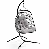 Yaheetech Sedia a Dondolo Sospesa Poltrona Pensile Nido Uovo con Cuscini e Copertura Antipioggia per Interno ed Esterno Giardino Balcone Nero/Grigio