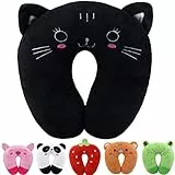 Fiacvrs Cuscino da viaggio per bambini con simpatico cuscino per collo a forma di U, comodo in qualsiasi posizione seduta in aereo, auto, treno per bambini (gatto nero)