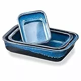 UNICASA Bake Set di 3 Stampi in Porcellana per Forno, Teglie Forno Antiaderenti, Teglie da Forno Rettangolari, Vassoio Rettangolare per Torte, Set Teglie Forno per Lasagne/Torta/Casseruola/Tapas (Blu)