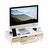 relaxdays Supporto per Monitor, Rialzo XL per PC in bambù & MDF, 2 Tiretti, Organizer, HBT: 11 x 58,5 x 32,5 cm, Bianco, Pannelli, 11.00 x 58.50 x 32.50 cm