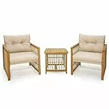 KOMFOTTEU Set di Mobili da Giardino, Mobili da Balcone in Rattan e Legno di Acacia, Mobili da Terrazza con 2 Poltrone e 1 Tavolino da Caffè, per Veranda, Cortile, Giallo Chiaro + Beige