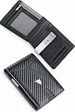 wilbest® Piccolo Portafoglio Uomo Slim Blocco RFID con Fermasoldi, con Tessere Tascabile Documenti, Porta Carte di Credito, Finestra di ID, Pelle Carbonio con Confezione Regalo
