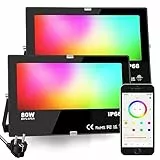iLC LED Faretto Esterno 80W, equivalente a 800W, Cambio Colore Rgbw, 16 Milioni Colori, Raggruppamento, Timer 8000 lumen, Bianca Calda 2700K, Impermeabile Ip66 (2 pacchi)