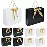8 Pezzi Sacchetti Regalo, 32x 25x 11cm, Borse Carta con Fiocco e Maniglie, Sacchettini Carta Kraft Grandi per Festa Natale,Compleanno Matrimonio Bambini Feste Halloween Celebrazioni, Nero/Bianco