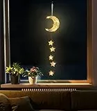 Lewondr Luci Decorative a Luna e Stelle, Luce in Rattan per Interni Lampada a Sospensione per Camera da Letto dei Bambini Luci a Batteria con Funzione Timer Decorazione Natalizia, Bianco