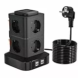 OLEKE Multipresa Verticale Ciabatta Multipresa Torretta 4 porte USB e 8 Prese con 3M di Cavo Prolungato Protezione da Sovratensione e Cortocircuito Torretta Multipresa per Casa e Ufficio 2500W 10A