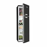 KLARSTEIN Audrey Retro - Frigorifero Combinato, Frigo 194 L, Congelatore 56 L, Freezer 4 Stelle, Classe E, Zona Crisper 0°C, Portabottiglie, Nero